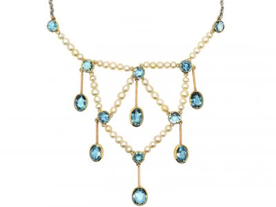 Edwardian Platinum & 15ct Gold Necklace set with Aquamarines & Natural Pearls