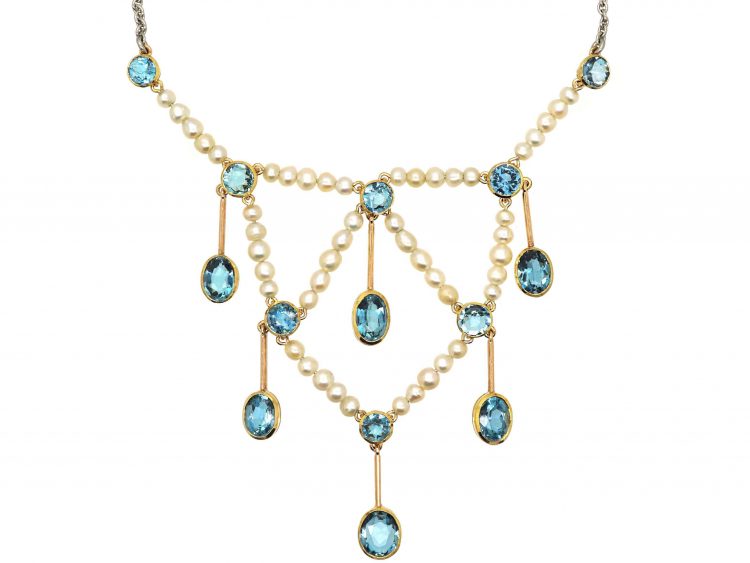 Edwardian Platinum & 15ct Gold Necklace set with Aquamarines & Natural Pearls