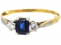 Art Deco 18ct Gold & Platinum, Rectangular Cut Sapphire & Diamond Three Stone Ring