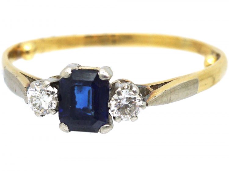 Art Deco 18ct Gold & Platinum, Rectangular Cut Sapphire & Diamond Three Stone Ring