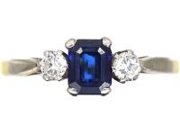 Art Deco 18ct Gold & Platinum, Rectangular Cut Sapphire & Diamond Three Stone Ring