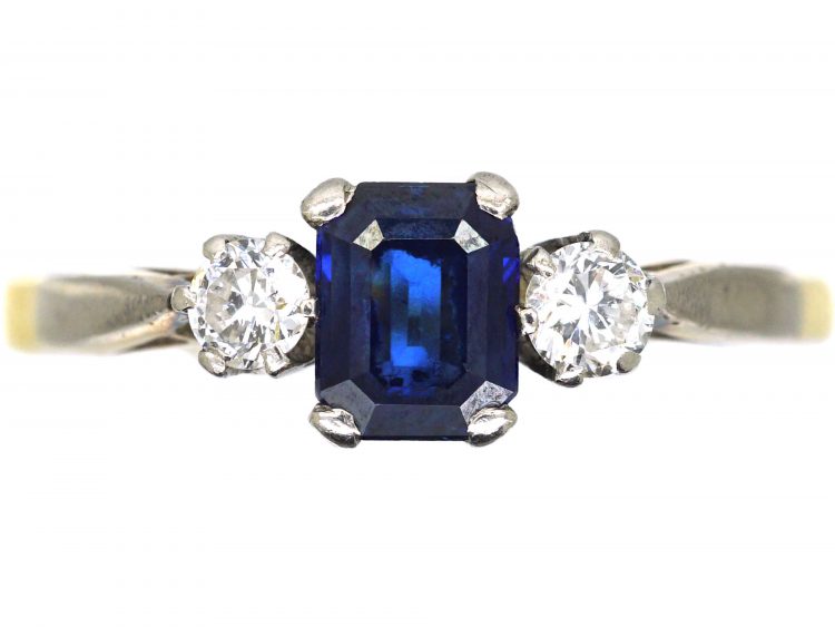 Art Deco 18ct Gold & Platinum, Rectangular Cut Sapphire & Diamond Three Stone Ring