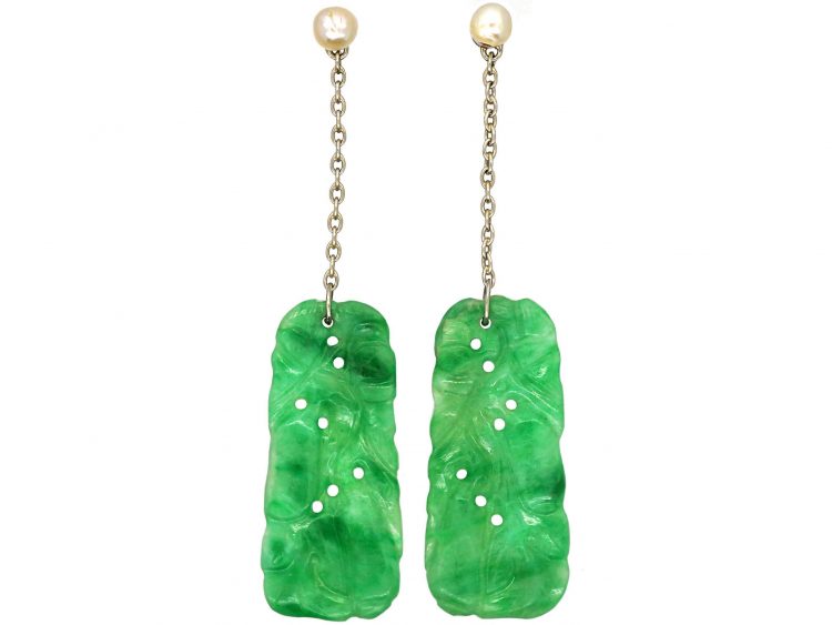 Art Deco 18ct White Gold Jade Drop Earrings