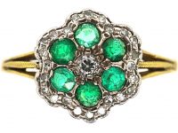 Edwardian 18ct Gold, Emerald & Diamond Cluster Ring