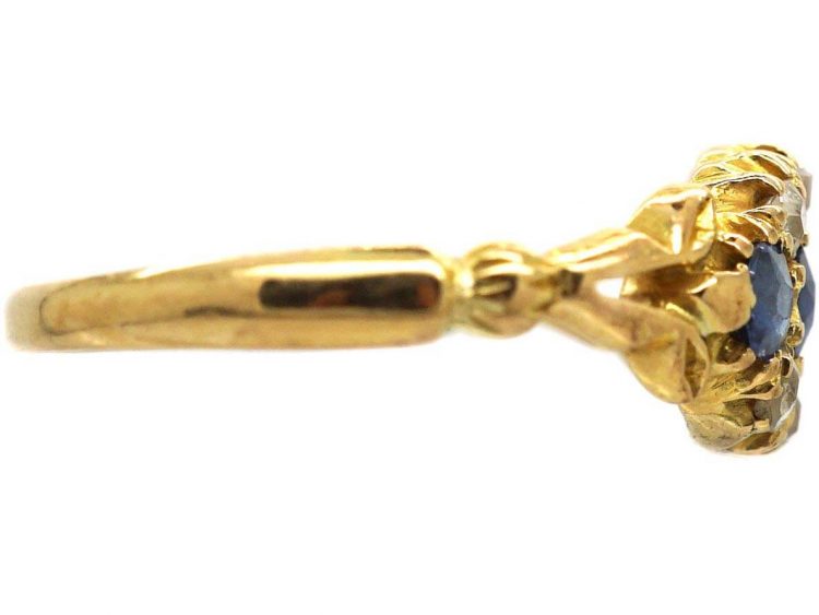 Edwardian 18ct Gold Three Stone Sapphire & Diamond Ring with Ornate Shoulders