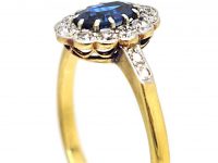 Edwardian 18ct Gold & Platinum, Sapphire & Diamond Cluster Ring with Diamond Set Shoulders