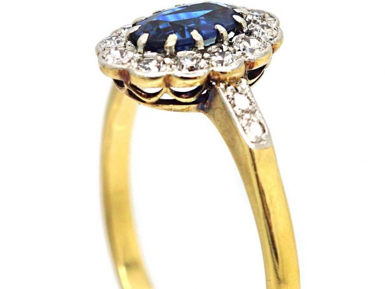 Edwardian 18ct Gold & Platinum, Sapphire & Diamond Cluster Ring with Diamond Set Shoulders