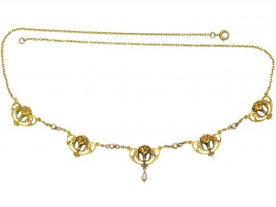 French Belle Epoque 18ct Gold Garland Necklace set with Natural Pearls