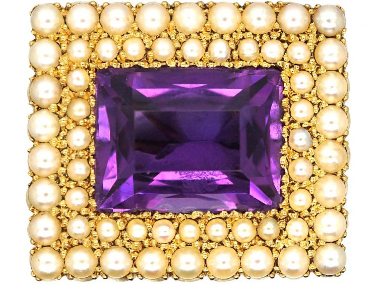 Edwardian Amethyst & Natural Split Pearl Rectangular Shaped Brooch