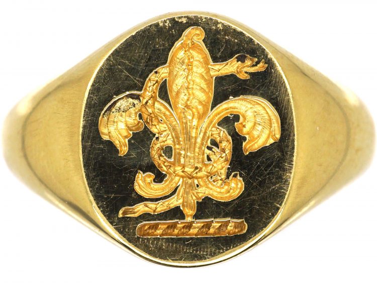 18ct Gold Signet Ring Engraved with a Fleur de Lys & Snake Entwined by Charles Green & Sons