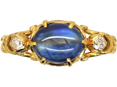 19th Century 18ct Gold, Cabochon Sapphire & Diamond Holbeinesque Style Ring