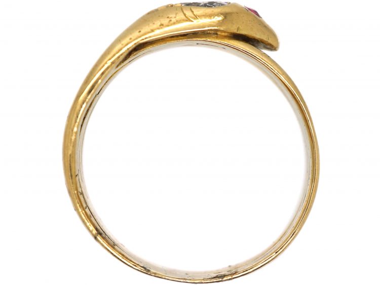 Victorian 18ct Gold Snake Ring set with a Diamond & Ruby Eyes