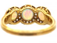 Edwardian 18ct Gold, Three Stone Opal & Rose Diamond Triple Cluster Ring