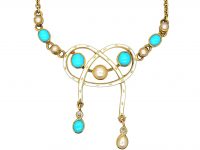 Edwardian 15ct Gold, Lover's Knot Necklace set with Diamonds, Turquoise & Natural Split Pearls