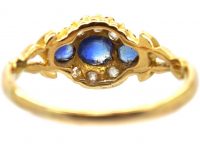 Edwardian 18ct Gold Three Stone Sapphire & Diamond Ring with Ornate Shoulders