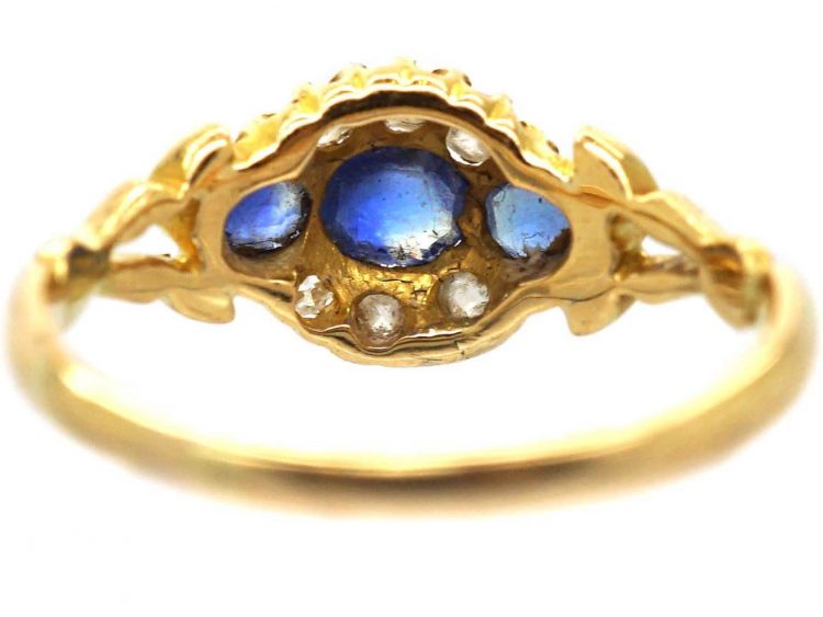 Edwardian 18ct Gold Three Stone Sapphire & Diamond Ring with Ornate Shoulders
