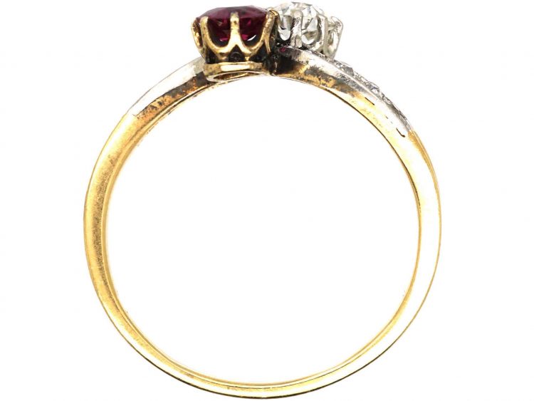 Edwardian 18ct Gold & Platinum, Diamond & Ruby Crossover Ring
