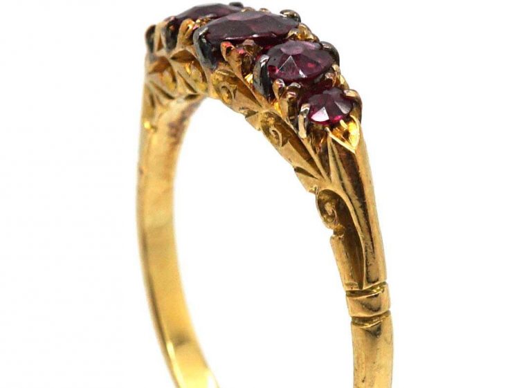 Victorian 18ct Gold Five Stone Ruby Carved Half Hoop Ring
