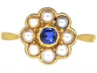 Edwardian 18ct Gold, Sapphire & Natural Split Pearl Cluster Ring