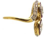 Art Deco 18ct Gold & Platinum, Two Stone Diamond & Ruby Crossover Ring