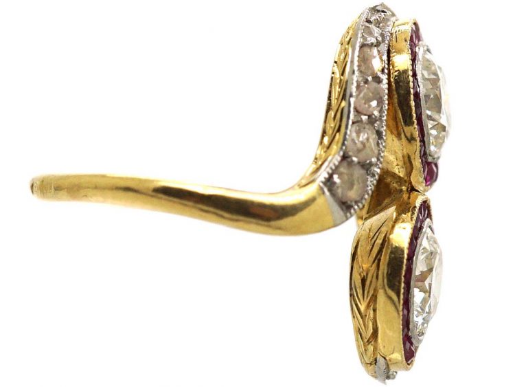 Art Deco 18ct Gold & Platinum, Two Stone Diamond & Ruby Crossover Ring