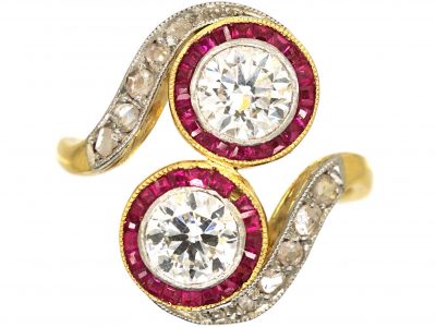 Art Deco 18ct Gold & Platinum, Two Stone Diamond & Ruby Crossover Ring