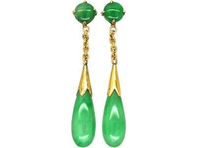 Art Deco 9ct Gold & Cabochon Jade Drop Earrings