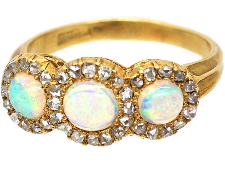 Edwardian 18ct Gold, Three Stone Opal & Rose Diamond Triple Cluster Ring