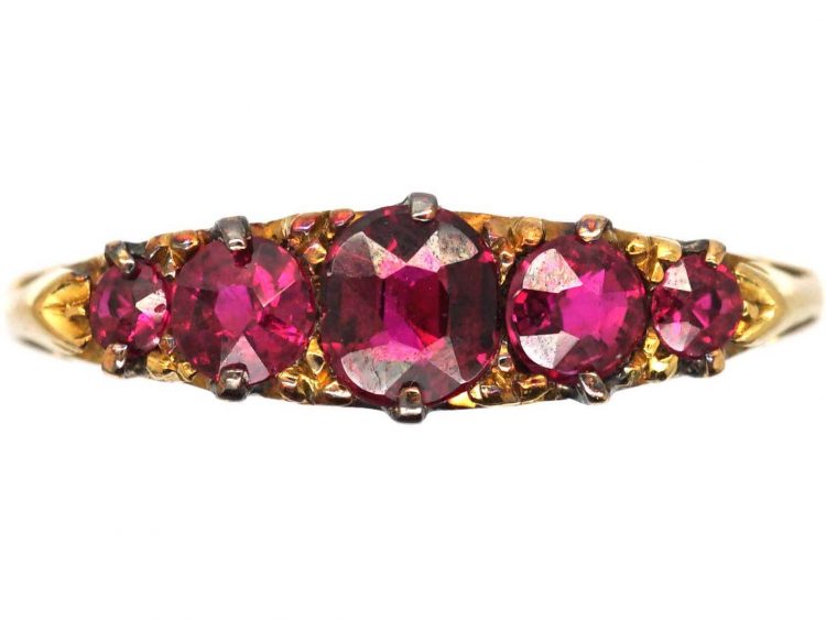 Victorian 18ct Gold Five Stone Ruby Carved Half Hoop Ring