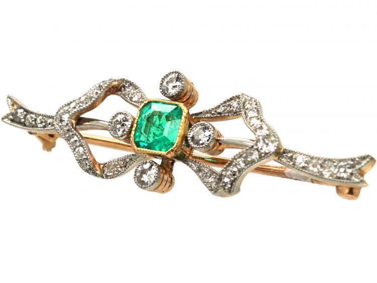 Art Deco 15ct Gold & Platinum, Emerald & Diamond Bow Brooch