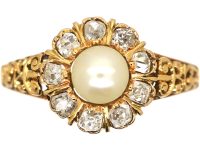 Edwardian 18ct Gold, Diamond & Natural Pearl Cluster Ring