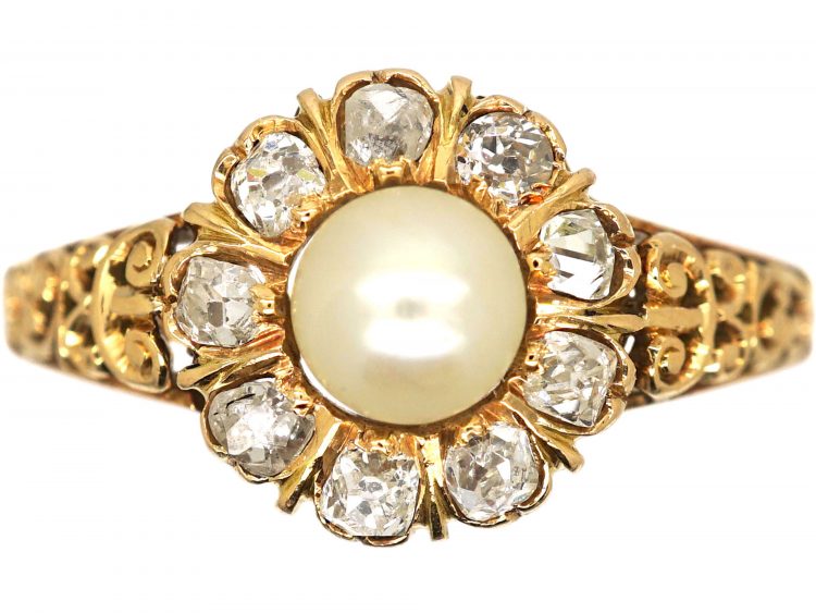 Edwardian 18ct Gold, Diamond & Natural Pearl Cluster Ring