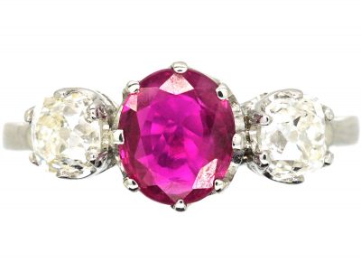 Early 20th Century Platinum, Ruby & Diamond Three Stone Ring