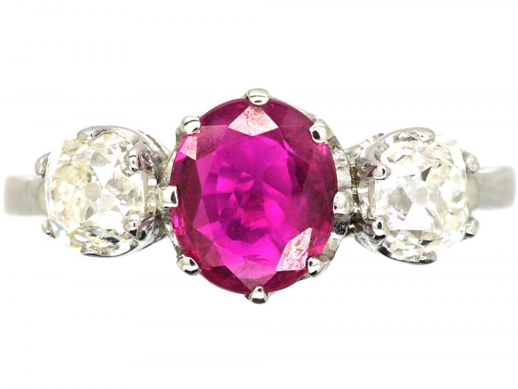 Early 20th Century Platinum, Ruby & Diamond Three Stone Ring