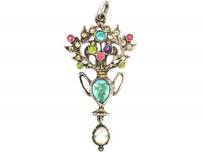 Edwardian Silver & Coloured Paste Flowers in Vase Pendant