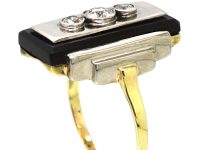 Art Deco 14ct White & Yellow Gold Onyx & Three Stone Diamond Rectangular Shaped Ring