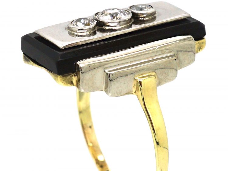 Art Deco 14ct White & Yellow Gold Onyx & Three Stone Diamond Rectangular Shaped Ring