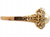 Edwardian 18ct Gold, Diamond & Natural Pearl Cluster Ring
