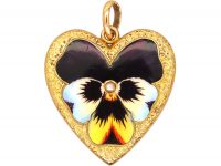 Edwardian 18ct Gold, Large Heart Shaped Pendant with Enamelled Pansy & Natural Split Pearl