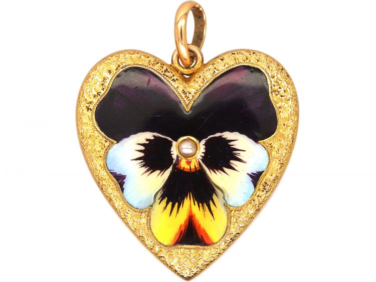 Edwardian 18ct Gold, Large Heart Shaped Pendant with Enamelled Pansy & Natural Split Pearl
