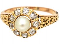 Edwardian 18ct Gold, Diamond & Natural Pearl Cluster Ring