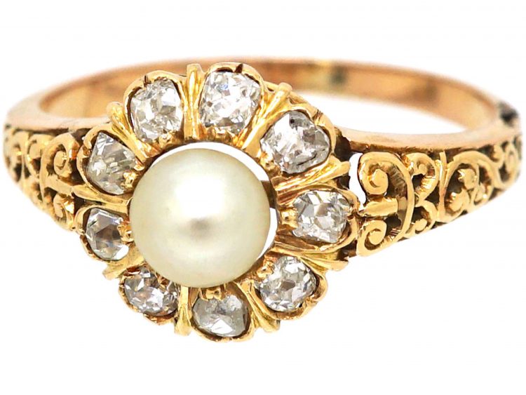 Edwardian 18ct Gold, Diamond & Natural Pearl Cluster Ring