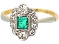 Art Deco 18ct Gold & Platinum, Diamond & Emerald Cluster Ring