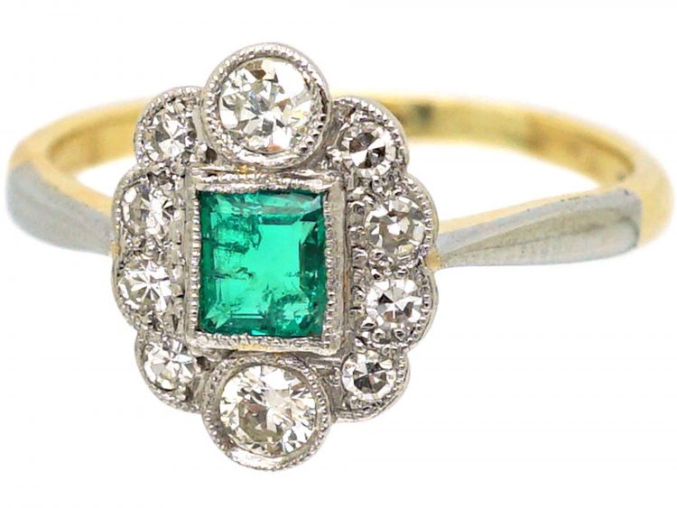 Art Deco 18ct Gold & Platinum, Diamond & Emerald Cluster Ring