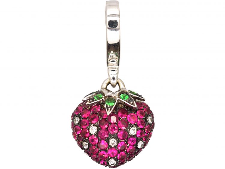18ct White Gold, Ruby Tsavorite Garnet & Diamond Strawberry Pendant by Theo Fennell