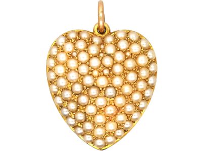 Edwardian 15ct Gold, Large Pave Set Natural Split Pearl Heart Shaped Pendant