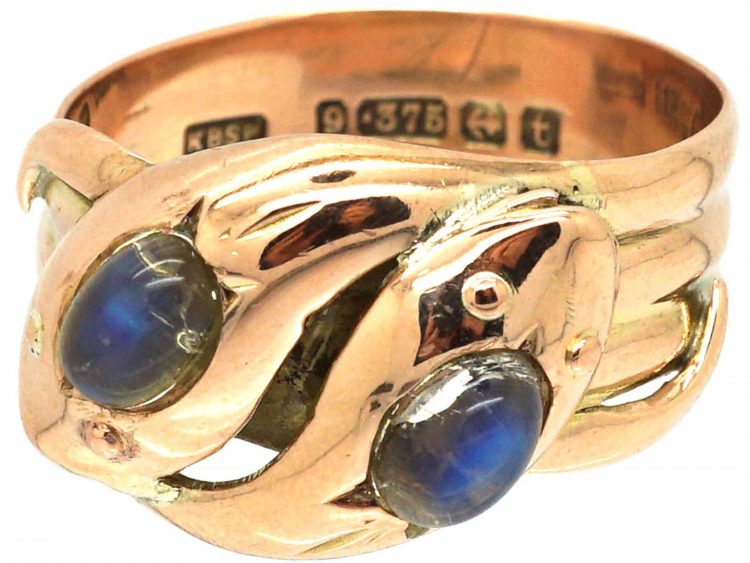 Edwardian 9ct Gold Double Snake Ring set with Moonstones