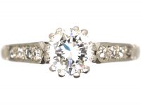 Retro Platinum, Diamond Solitaire Ring with Diamond set Shoulders