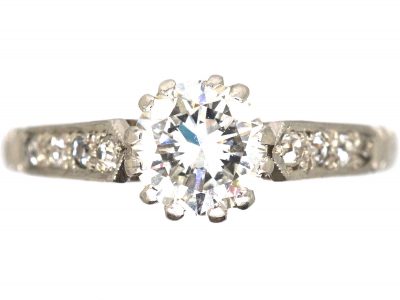 Retro Platinum, Diamond Solitaire Ring with Diamond set Shoulders