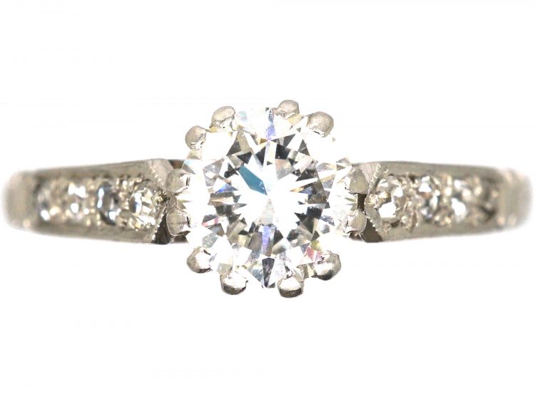 Retro Platinum, Diamond Solitaire Ring with Diamond set Shoulders